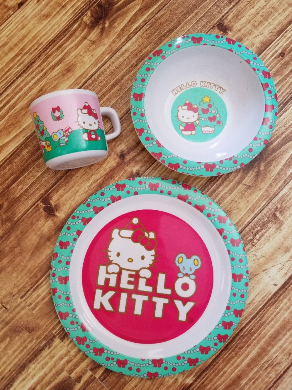 Hello Kitty Christmas Plate Cup Dinnerware Set Holiday Sanrio Kids Girl Melamine